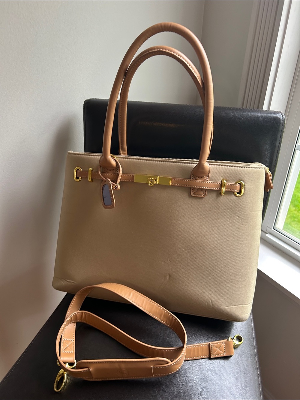 Structured Two-Tone Beige Shoulder Bag with Tan Trim